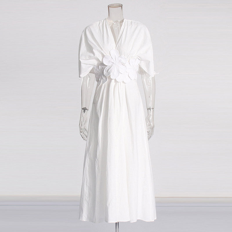 French Style Elegant Waisted Dress V-neck Stitching Flower Backless Slim-fit dress Women's Summer