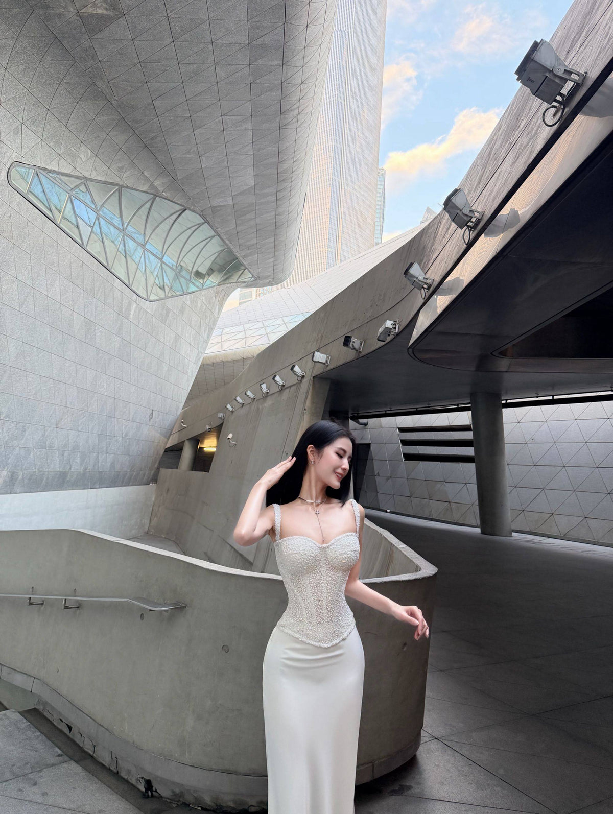 French-style fishbone plunging dress
