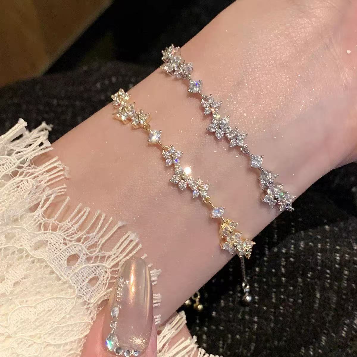 French Style Floral Zircon Bracelet for Women Sweet Korean Dating Jewelry