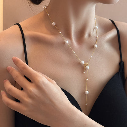 French-Style Gentle Pearl Y-Shaped Necklace for Women Adjustable Pull Chain Clavicle Chain Versatile Commuting Dating Accessory