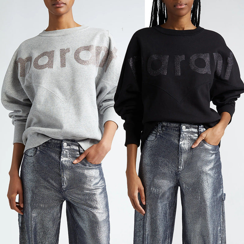 French Style Glitter Print Fleece Sweatshirt