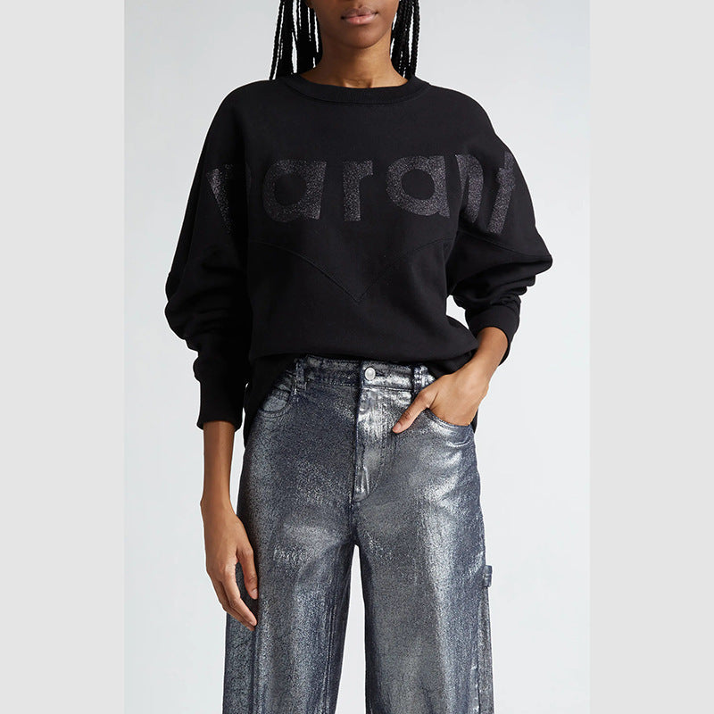 French Style Glitter Print Fleece Sweatshirt