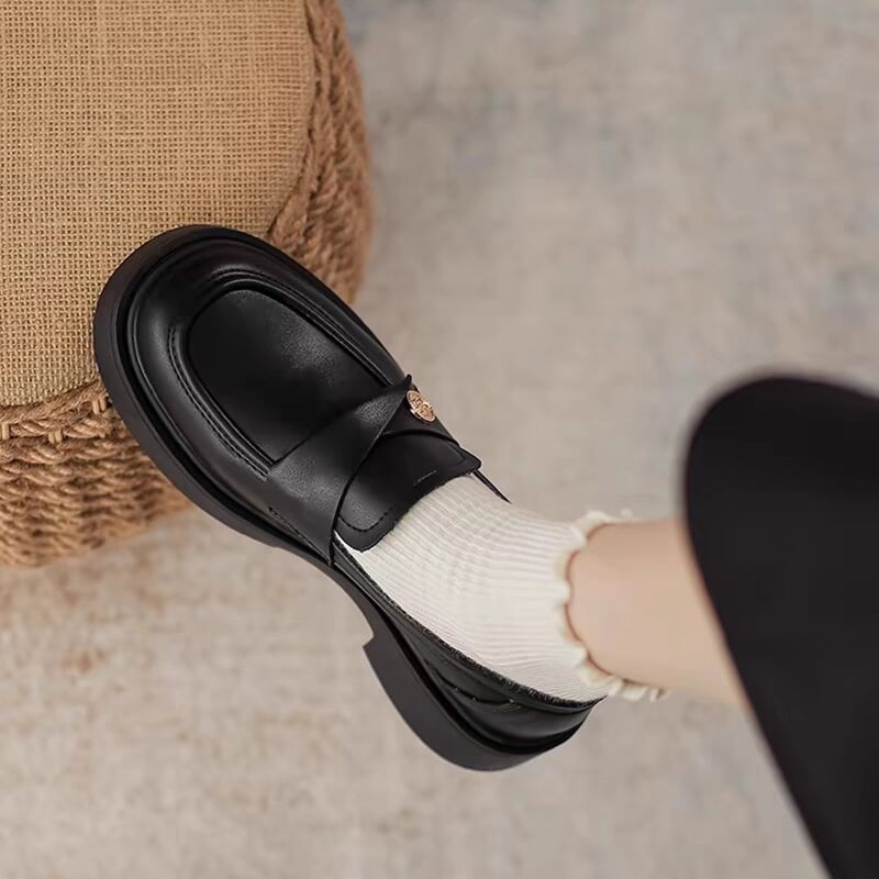French-Style Gold Coin Loafers for Women Chunky Heel Slip-On Leather Shoes
