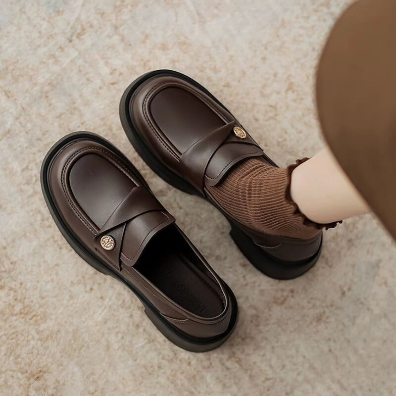 French-Style Gold Coin Loafers for Women Chunky Heel Slip-On Leather Shoes