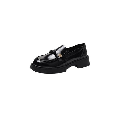 French-Style Gold Coin Loafers for Women Chunky Heel Slip-On Leather Shoes