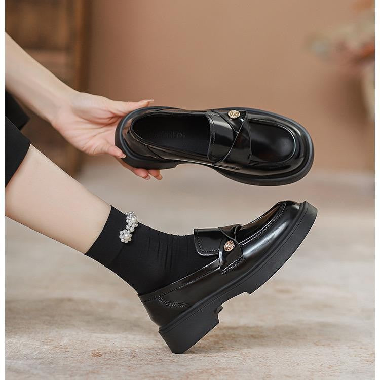 French-Style Gold Coin Loafers for Women Chunky Heel Slip-On Leather Shoes