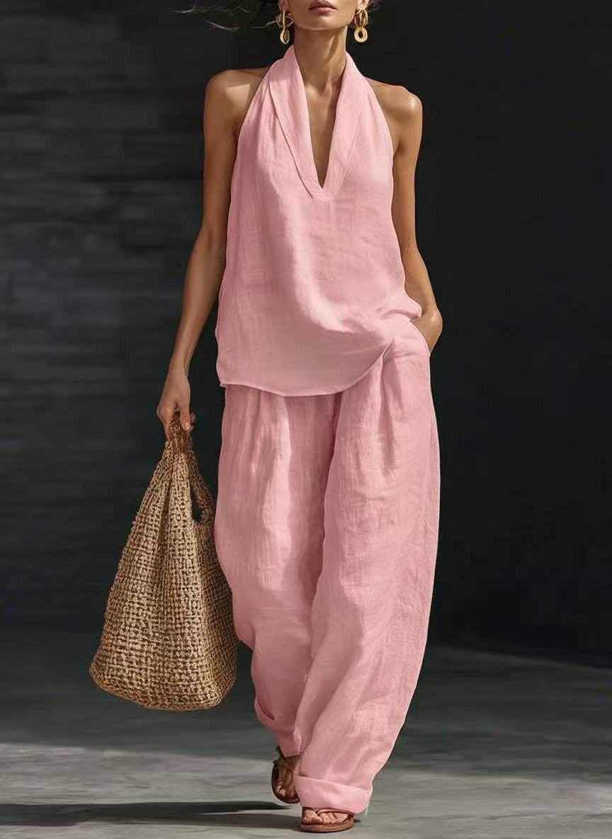 French Style Halter Top and Wide-Leg Pants
