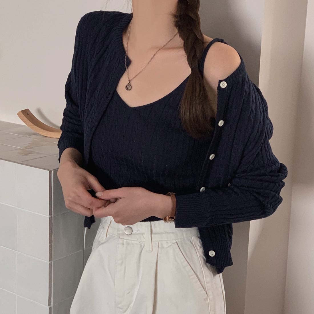 French Style Knitted Camisole and Cardigan Two-Piece Set