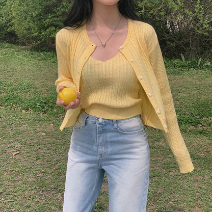French Style Knitted Camisole and Cardigan Two-Piece Set