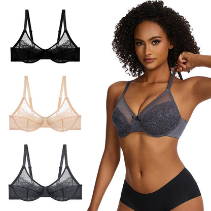 French-style lace bra, ultra-thin mesh gathering underwear