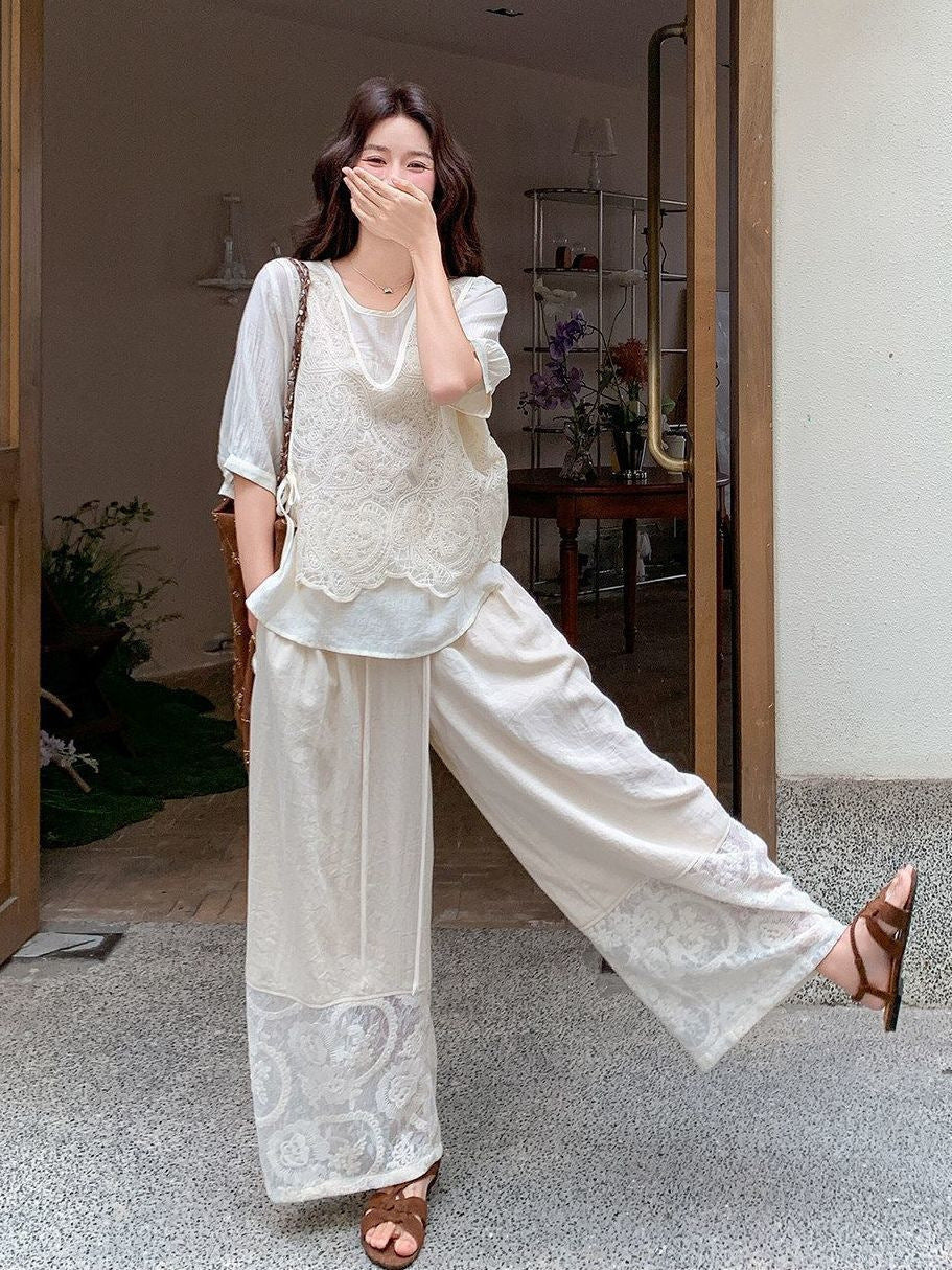 French-Style Lace Patchwork T-Shirt and Wide-LegPants