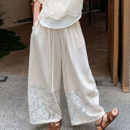 French-Style Lace Patchwork T-Shirt and Wide-LegPants