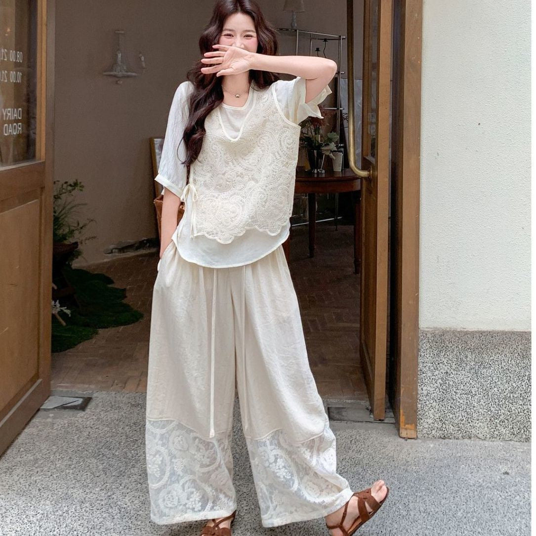 French-Style Lace Patchwork T-Shirt and Wide-LegPants