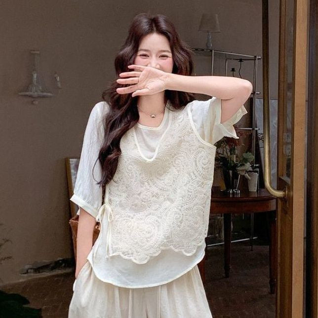 French-Style Lace Patchwork T-Shirt and Wide-LegPants