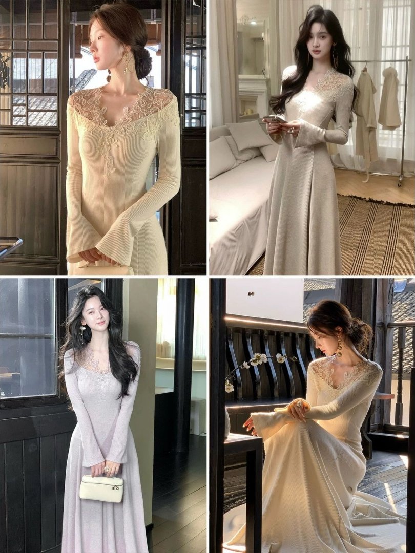 French Style Lace V-Neck A-Line Dress