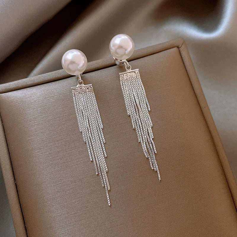 French Style Pearl Tassel Earrings with 925 Silver Needles