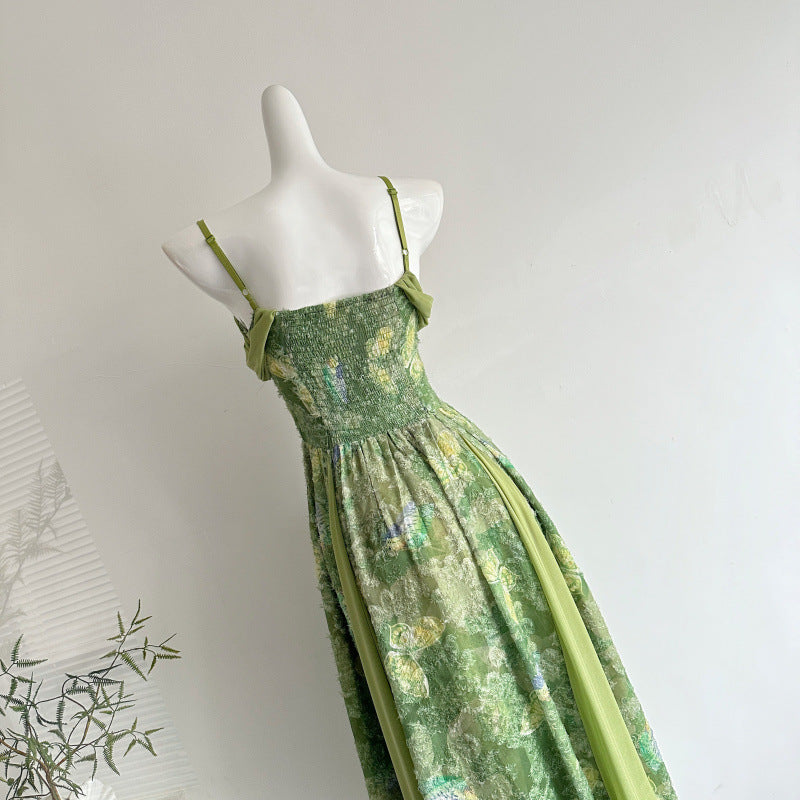 French Style Pineapple Print Slimming Spaghetti Strap Long Dress