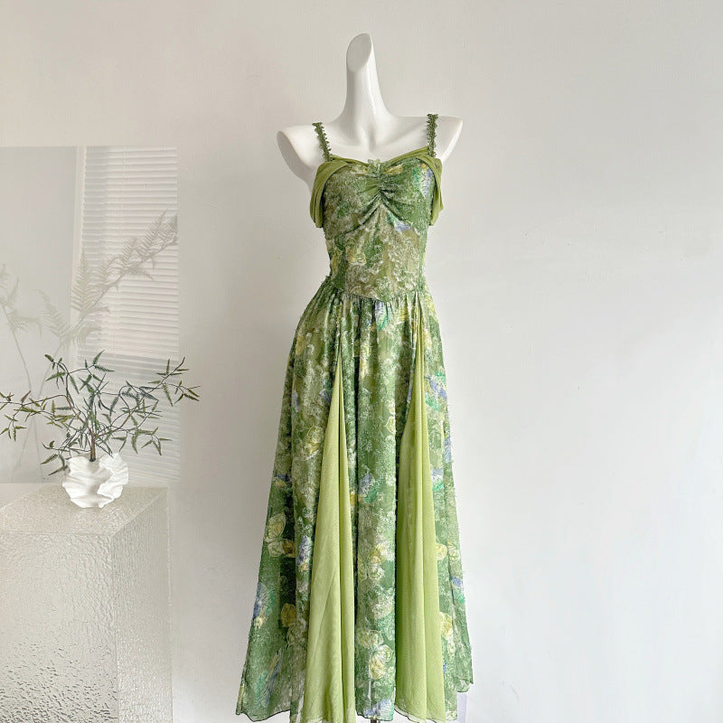 French Style Pineapple Print Slimming Spaghetti Strap Long Dress