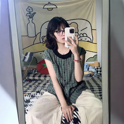 French Style Plaid Sleeveless Shirt for Women