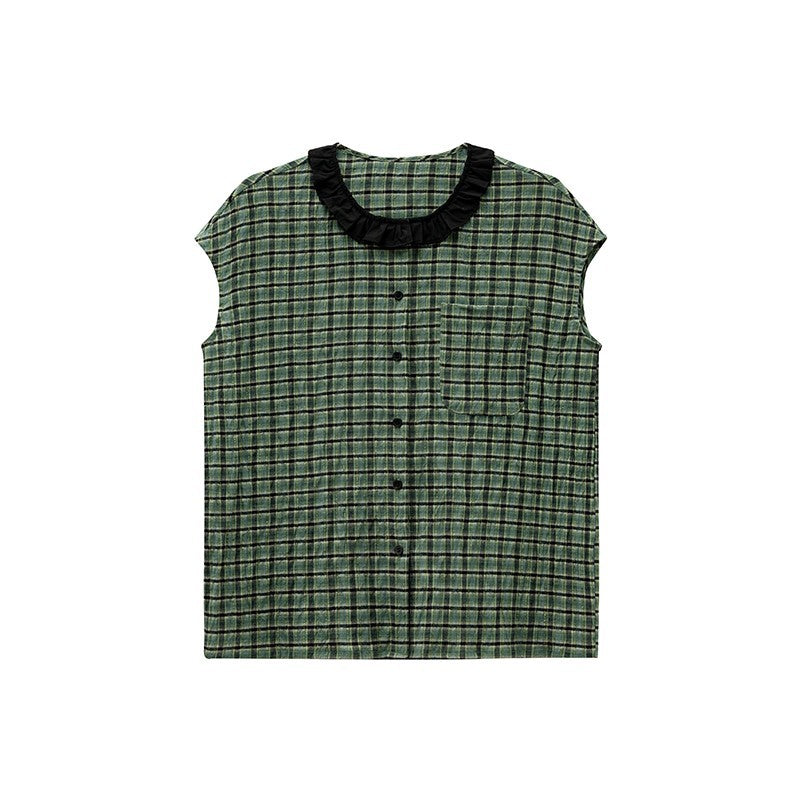 French Style Plaid Sleeveless Shirt for Women