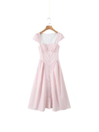 French Style Plaid Square Neck Dress