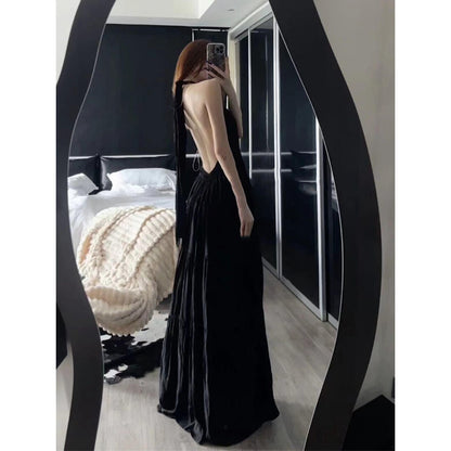French Style Red V-Neck Strap Backless Long Dress