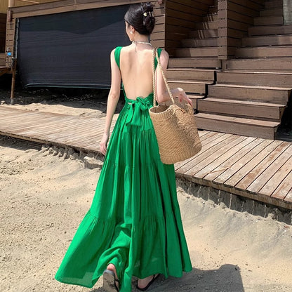 French Style Red V-Neck Strap Backless Long Dress