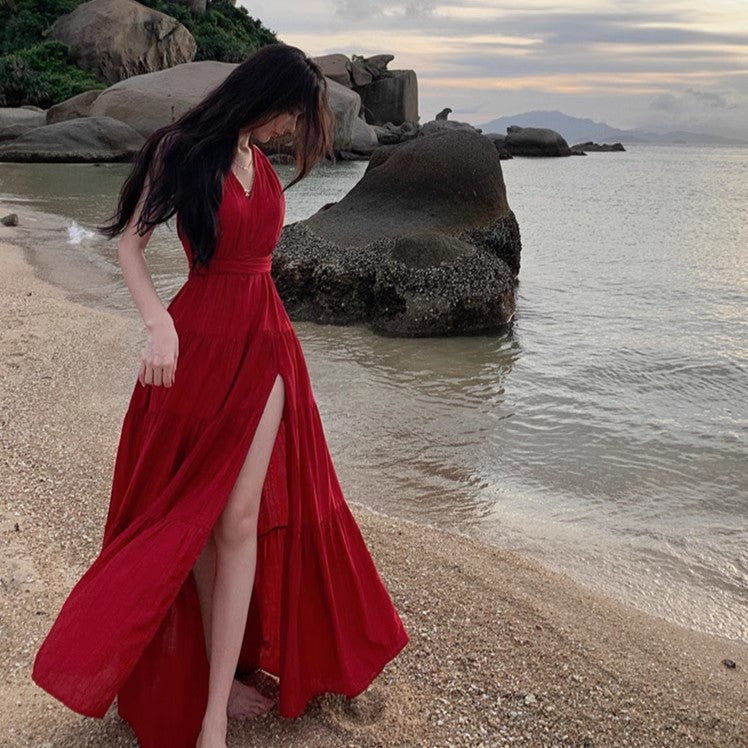 French Style Red V-Neck Strap Backless Long Dress