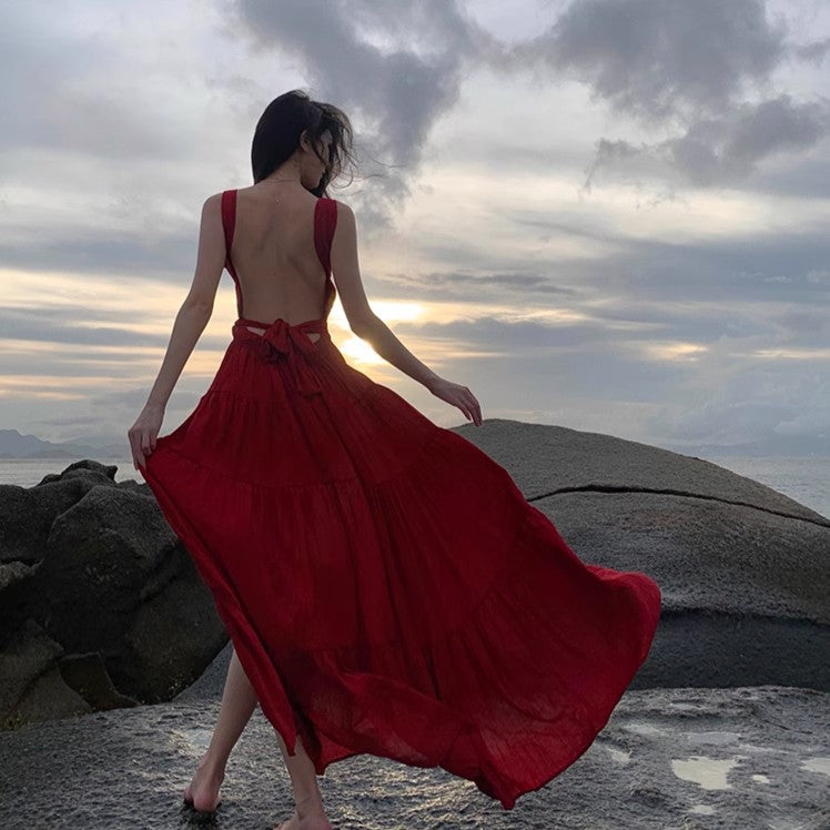 French Style Red V-Neck Strap Backless Long Dress
