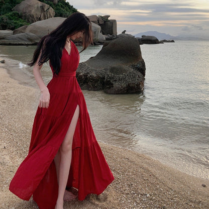 French Style Red V-Neck Strap Backless Long Dress