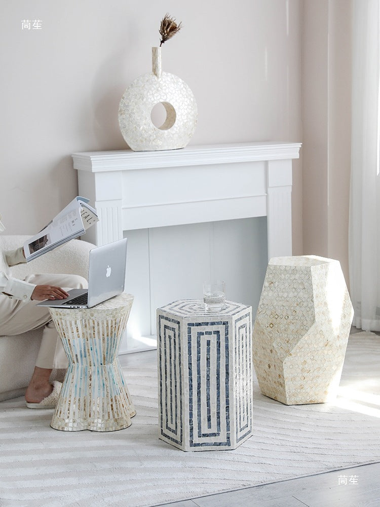 French Style Shell Inlaid Side Table for Living Room