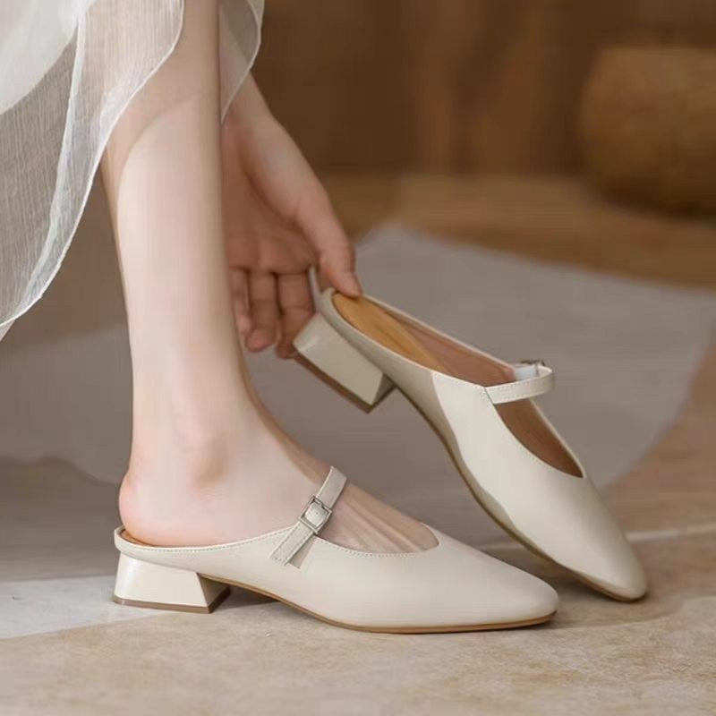 French-style soft leather open-toe half-slippers with low heels