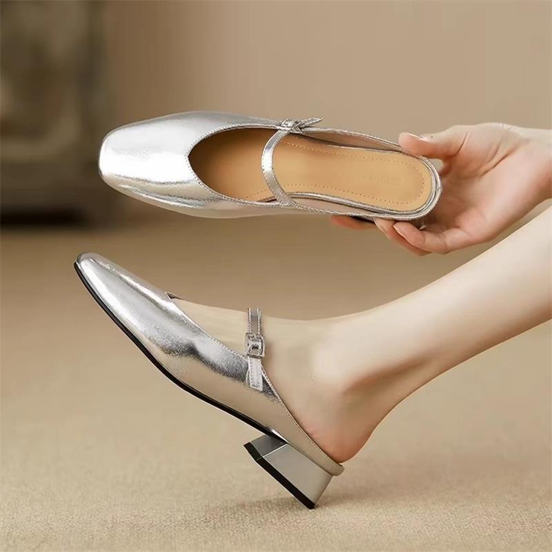 French-style soft leather open-toe half-slippers with low heels