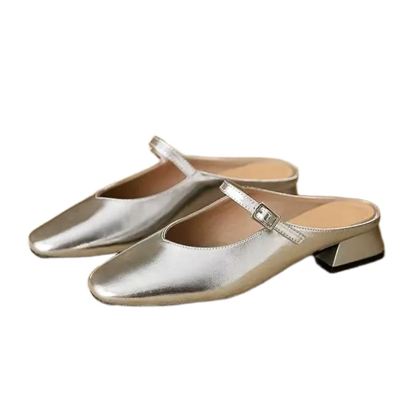French-style soft leather open-toe half-slippers with low heels
