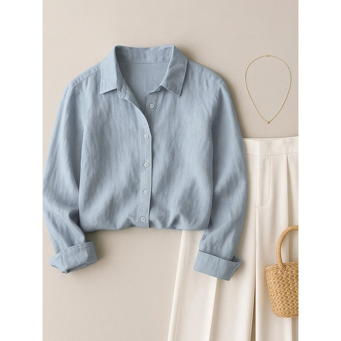 French-style solid-color cotton and linen shirt