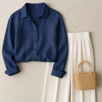 French-style solid-color cotton and linen shirt