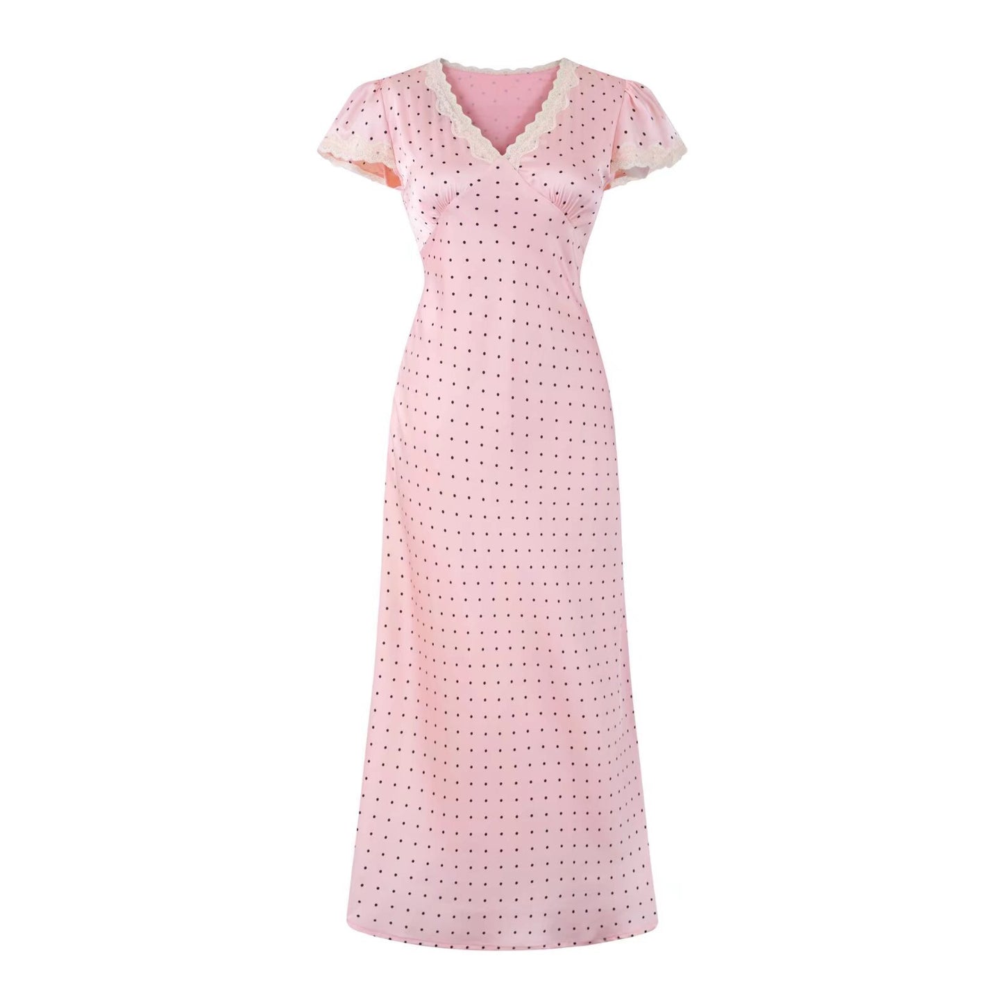 French-style tea party dress in pink with a V-neck, puff sleeves, and polka dots