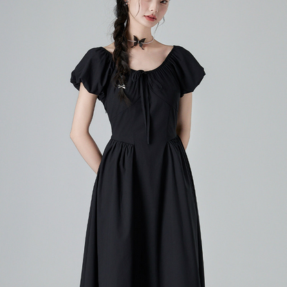 French Style V-Neck Lantern Sleeve A-Line Dress