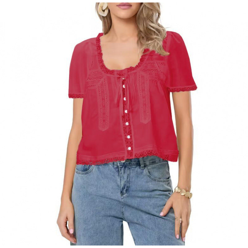 French Tie Lace Blouse