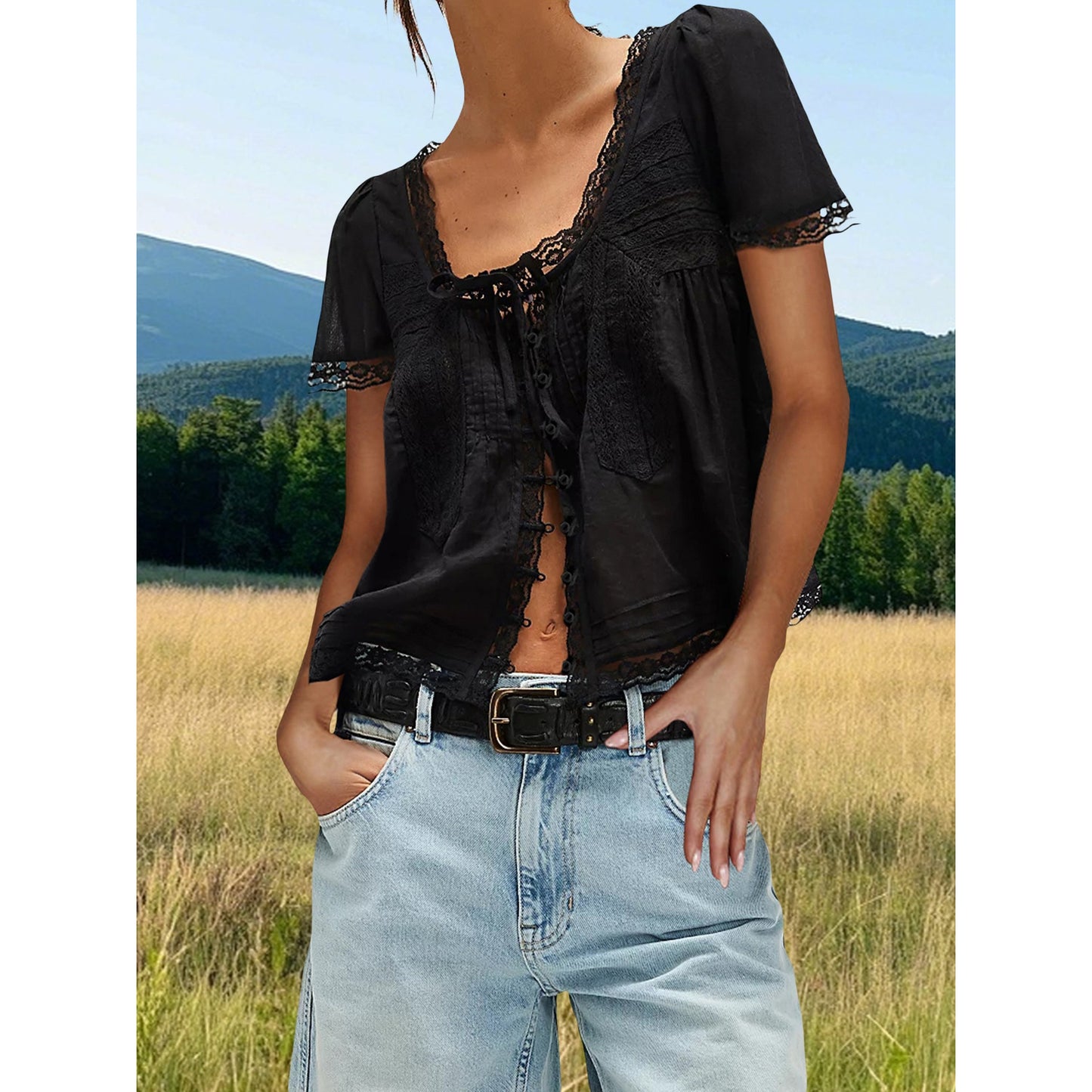 French Tie Lace Blouse