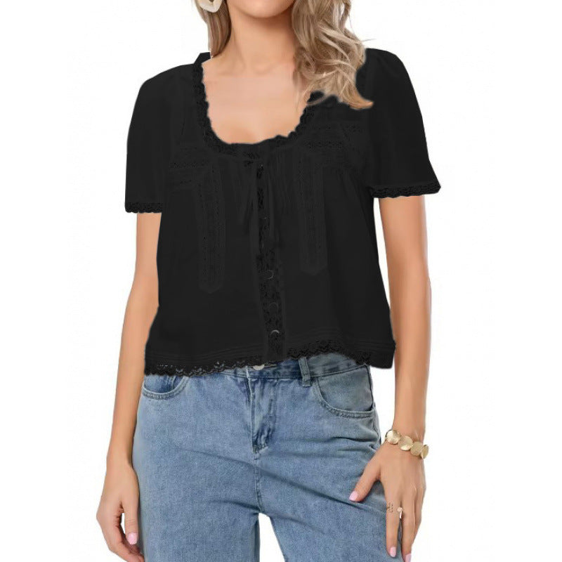 French Tie Lace Blouse