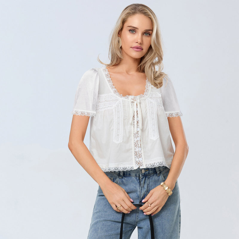French Tie Lace Blouse