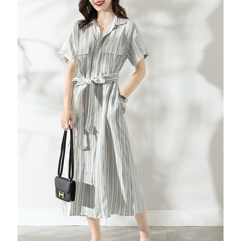 French Vertical Stripe Shirt Dress with Belt