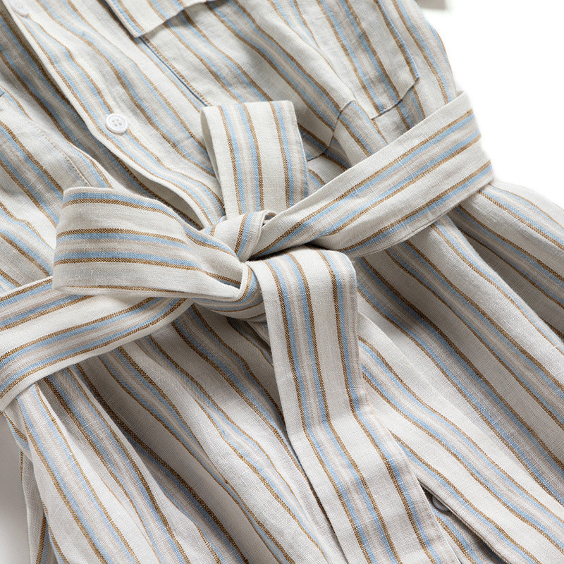 French Vertical Stripe Shirt Dress with Belt