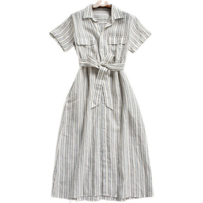French Vertical Stripe Shirt Dress with Belt