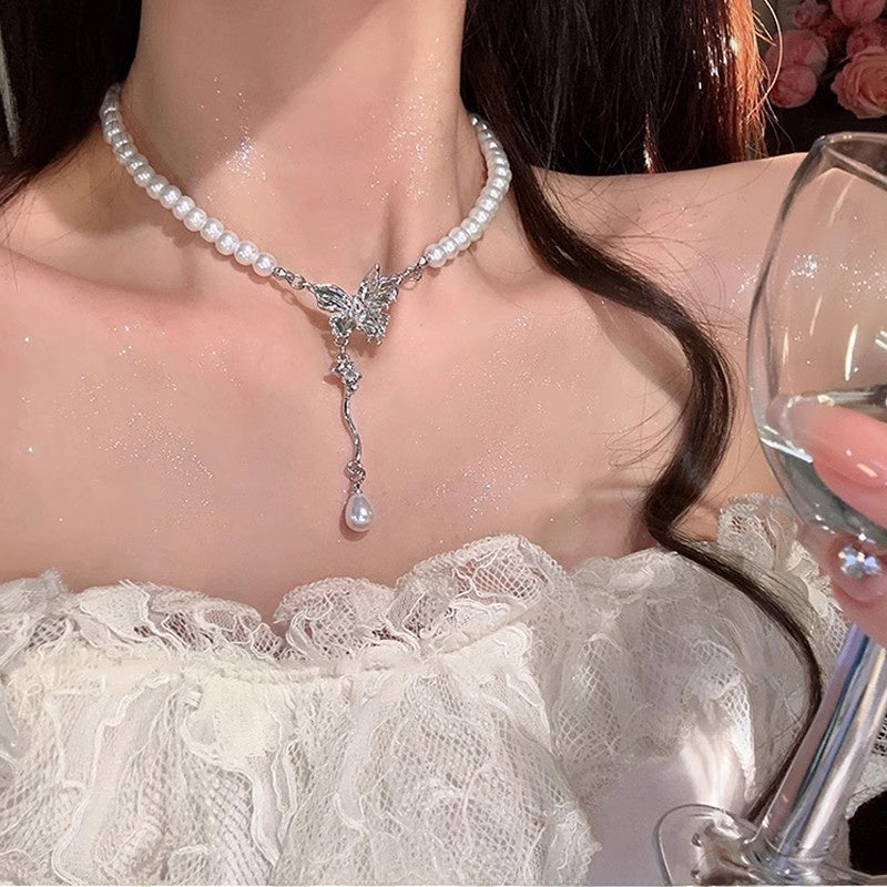 French Vintage Rose Pearl Necklace for Women