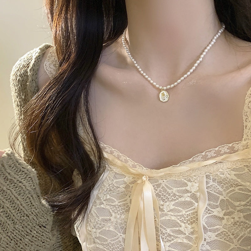French Vintage Rose Pearl Necklace for Women