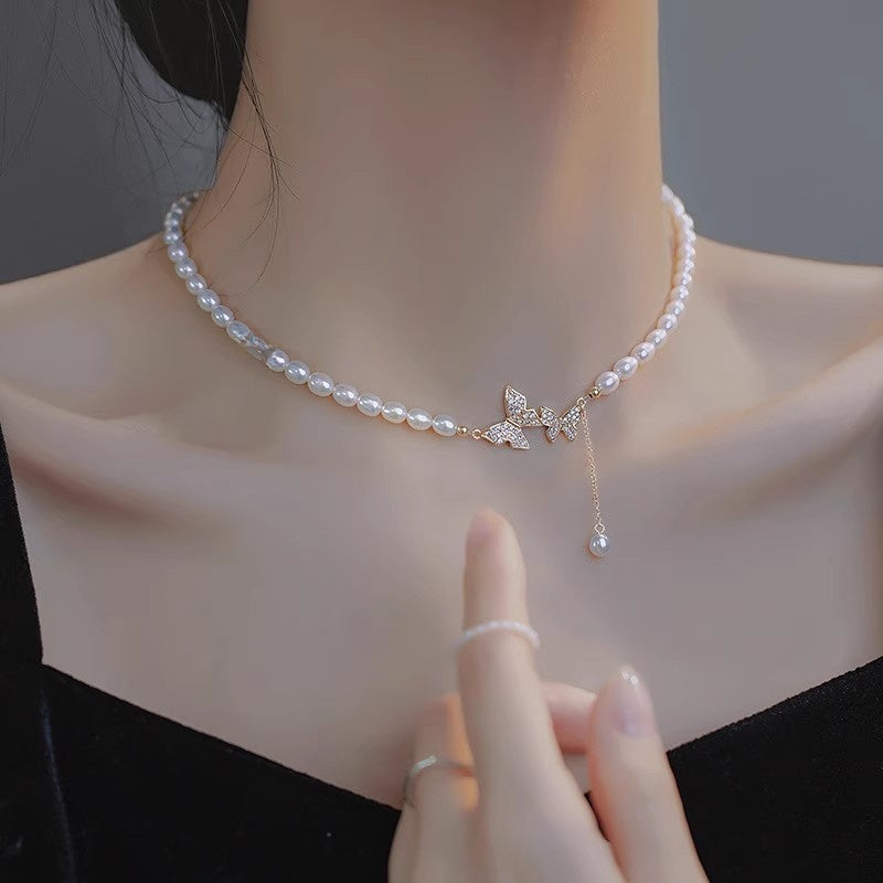 French Vintage Rose Pearl Necklace for Women