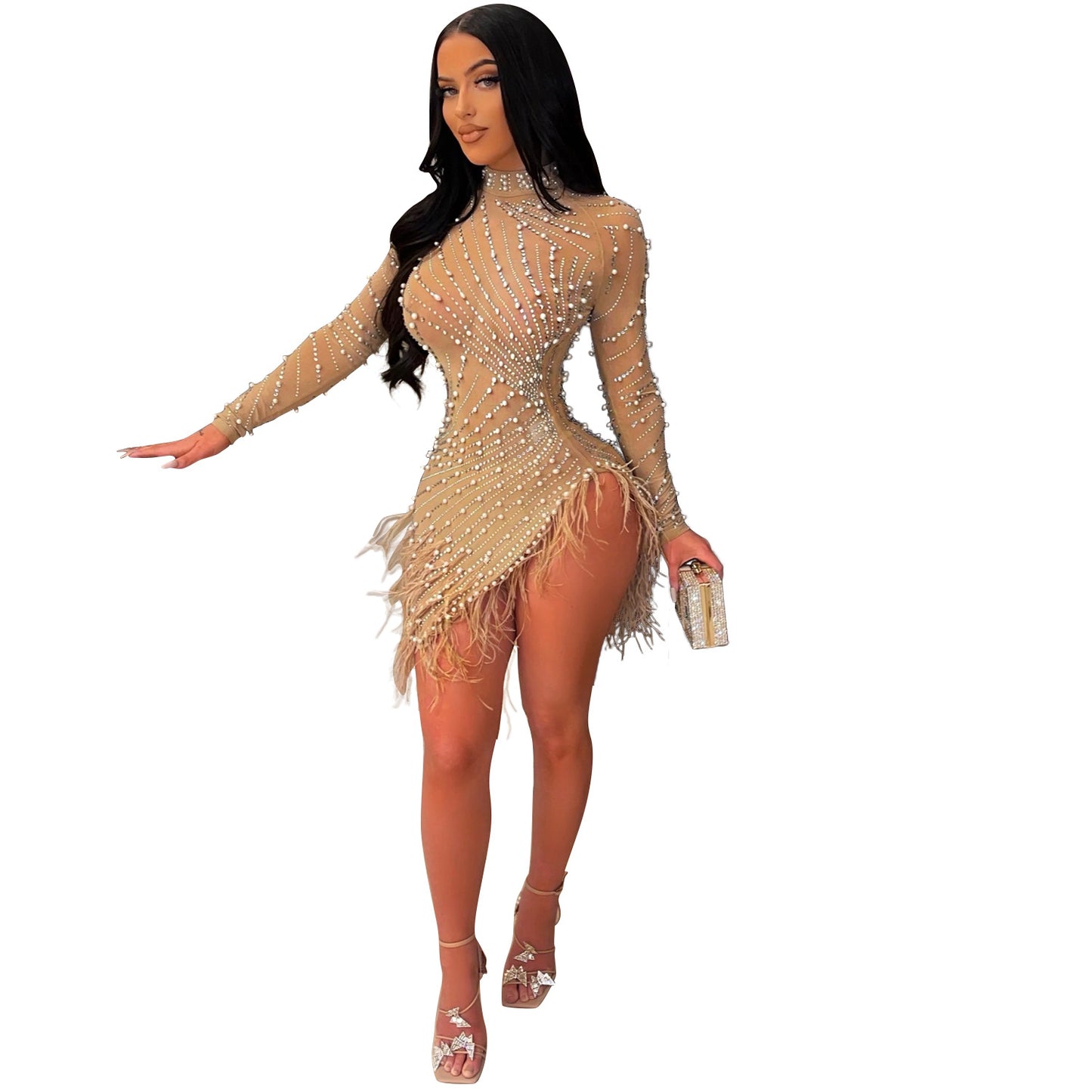 Fringed mesh and diamond dress for women