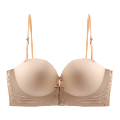 Front-buttoned strapless gathering bra
